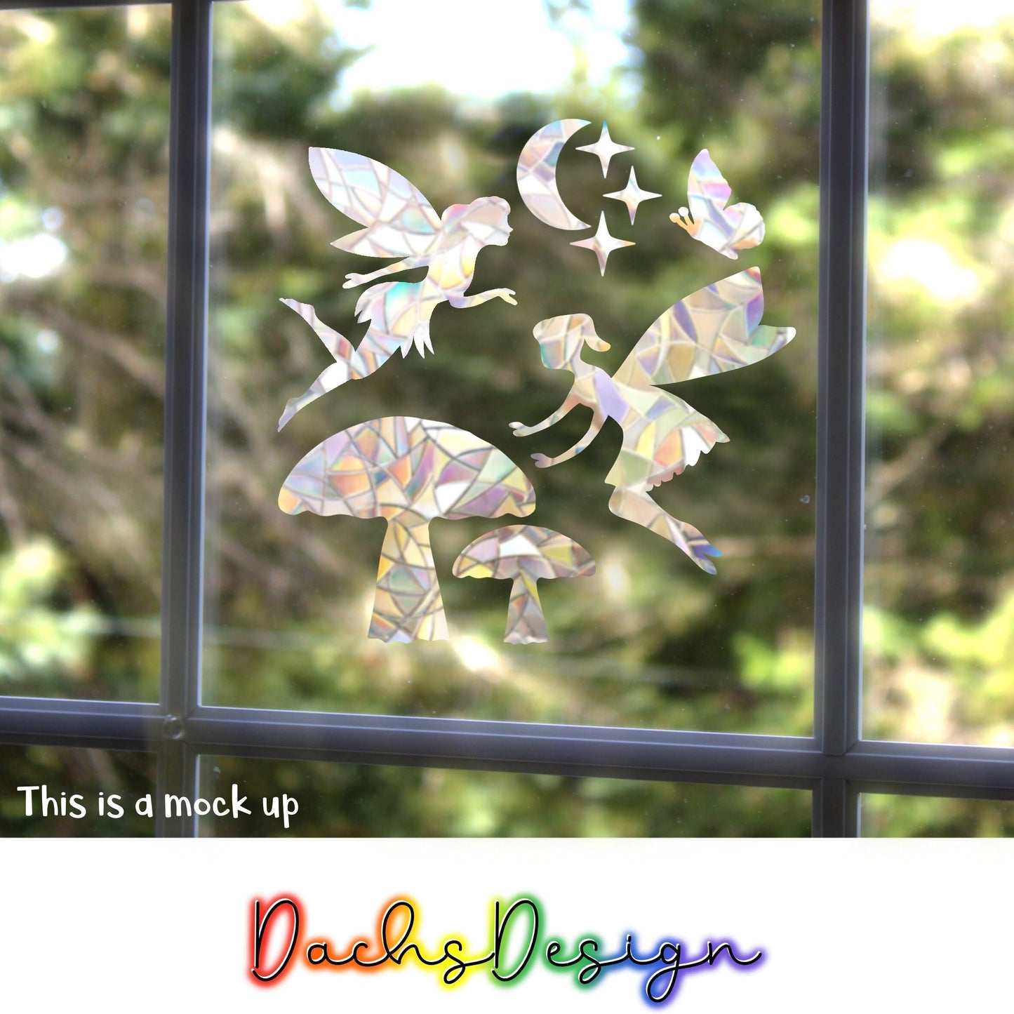 Fairies Rainbow Suncatcher Bundle: Moon, Mushrooms, Butterfly, Stars Window Decal