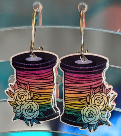Floral Rainbow Sewing Reel Dangle Earrings