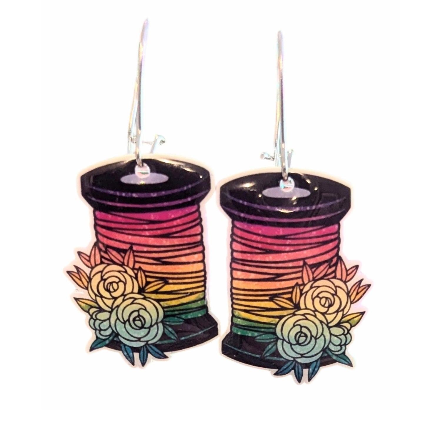 Floral Rainbow Sewing Reel Dangle Earrings
