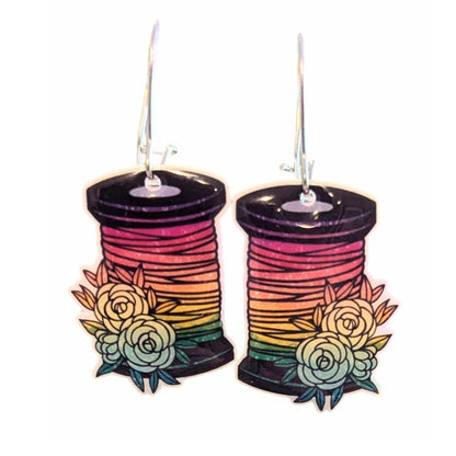 Floral Rainbow Sewing Reel Dangle Earrings