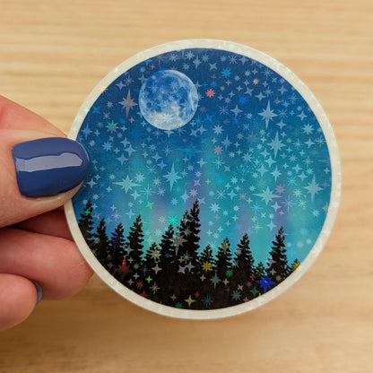 Holographic Northern Lights Vinyl Sticker: Moonlit Forest Decal