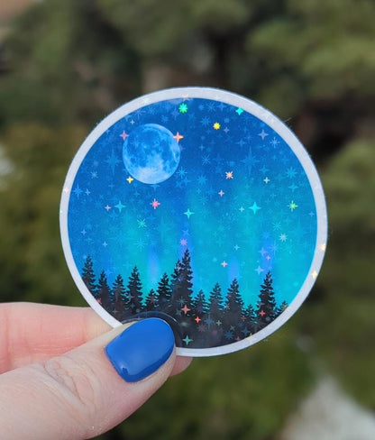 Holographic Northern Lights Vinyl Sticker: Moonlit Forest Decal
