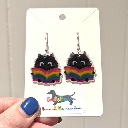 Black Cat Rainbow Book Dangle Earrings