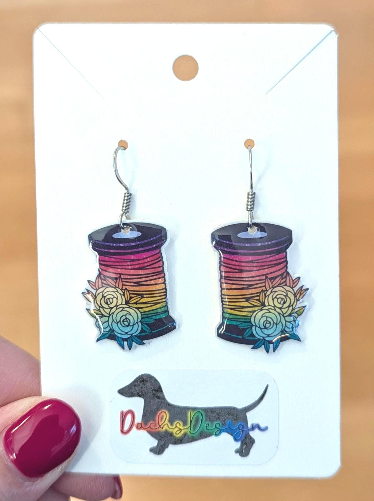 Floral Rainbow Sewing Reel Dangle Earrings