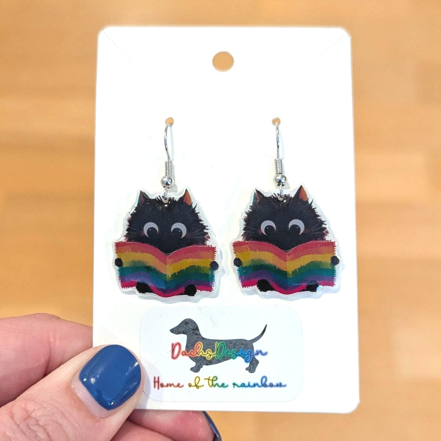 Black Cat Rainbow Book Dangle Earrings