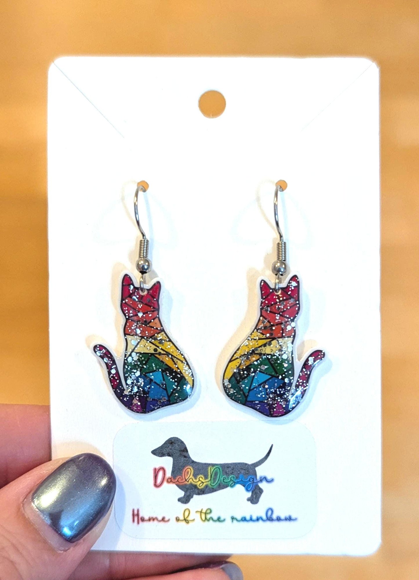 Geometric Rainbow Cat Dangle Earrings