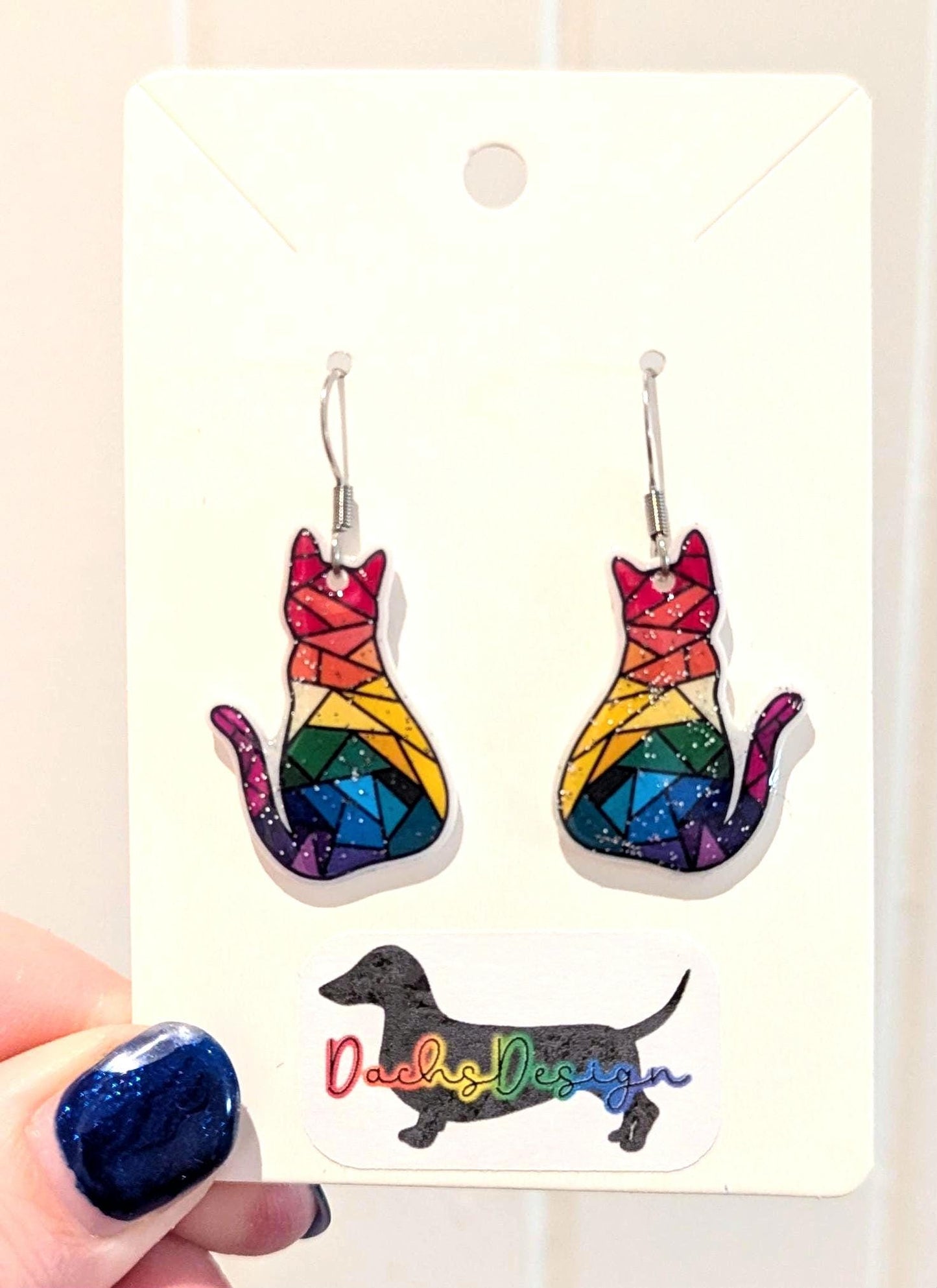 Geometric Rainbow Cat Dangle Earrings