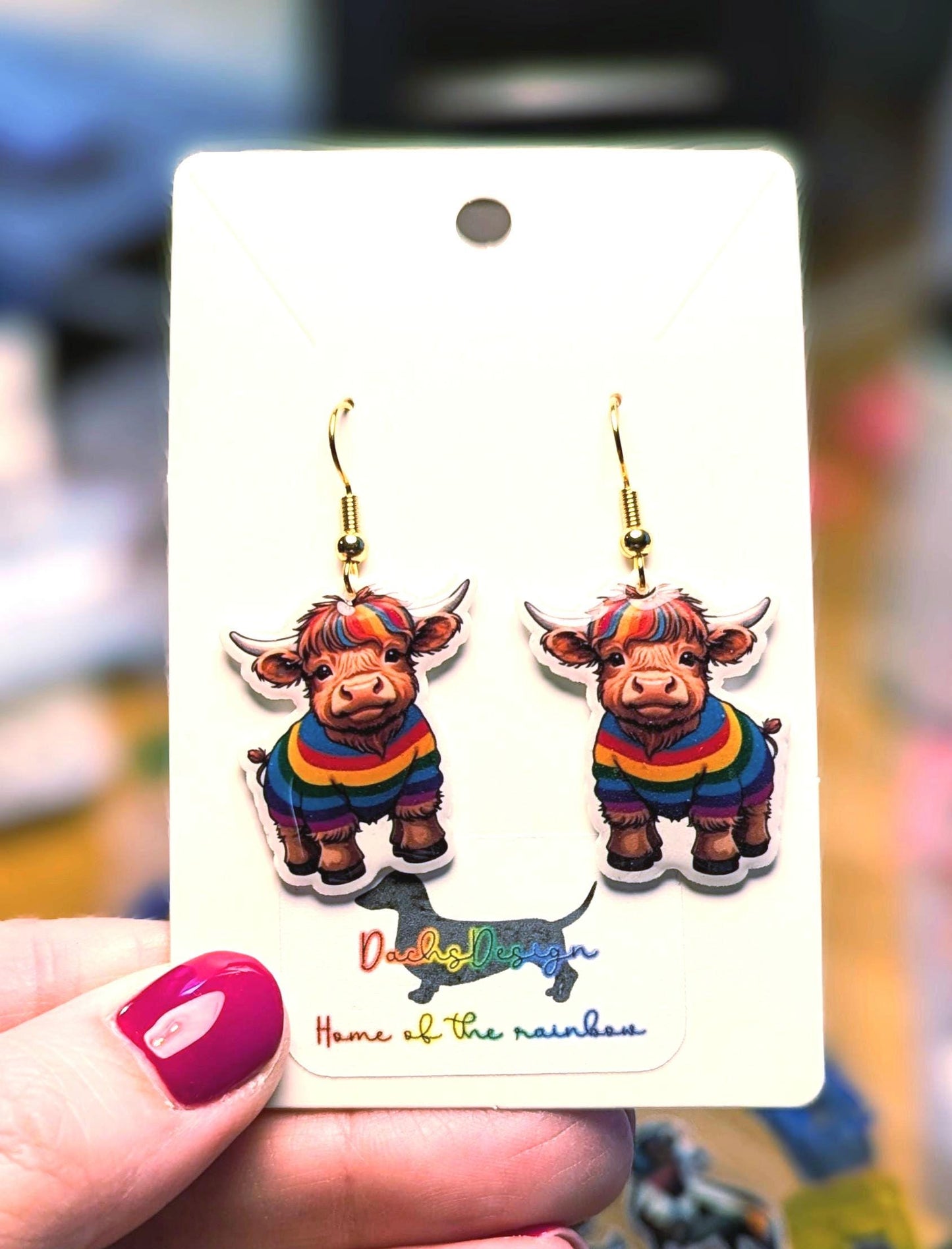 Rainbow Jumper Highland Cow Dangle Earrings