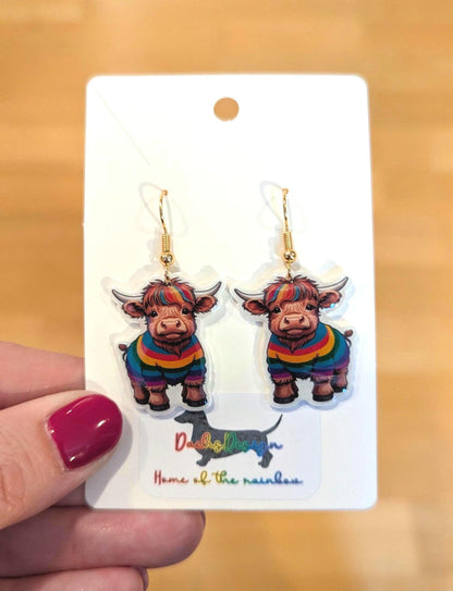Rainbow Jumper Highland Cow Dangle Earrings