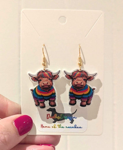 Rainbow Jumper Highland Cow Dangle Earrings