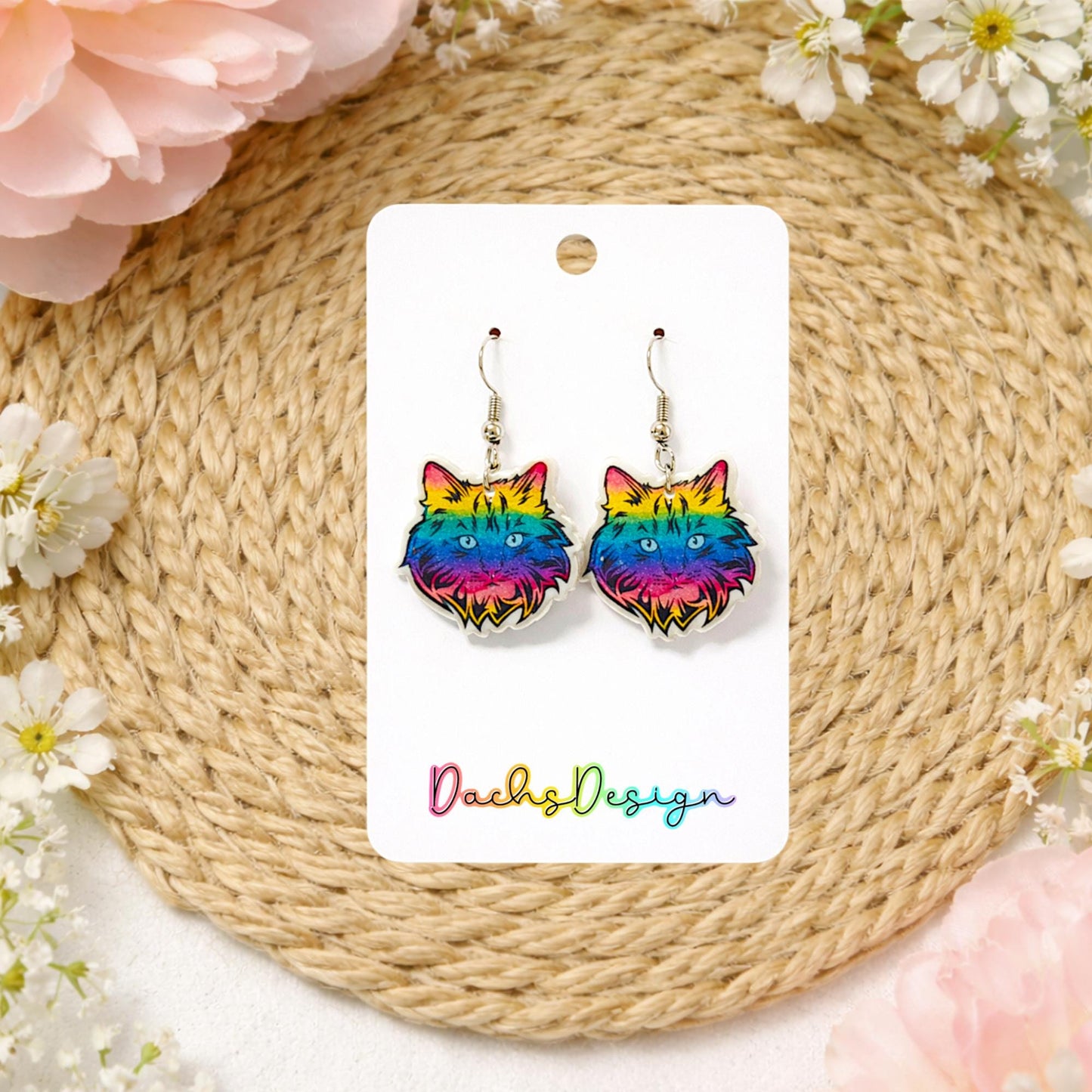 Rainbow Cat Dangle Earrings