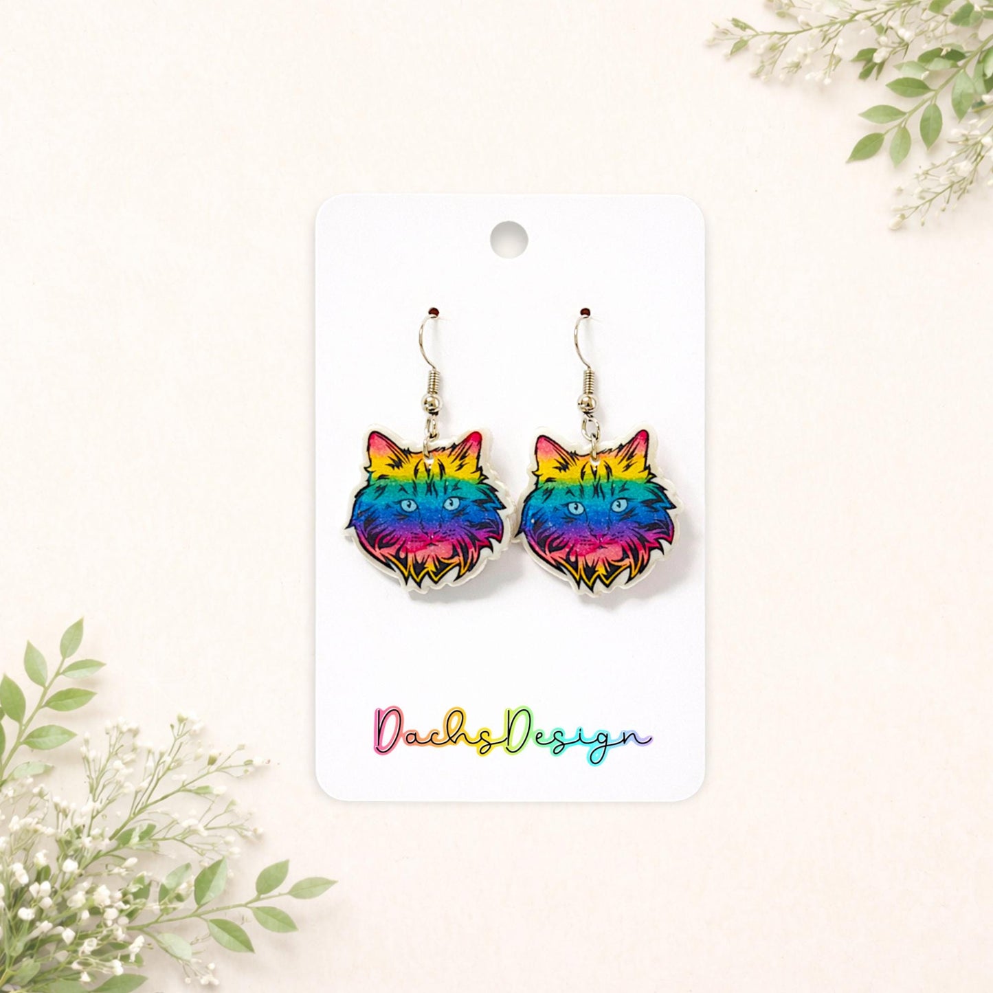Rainbow Cat Dangle Earrings