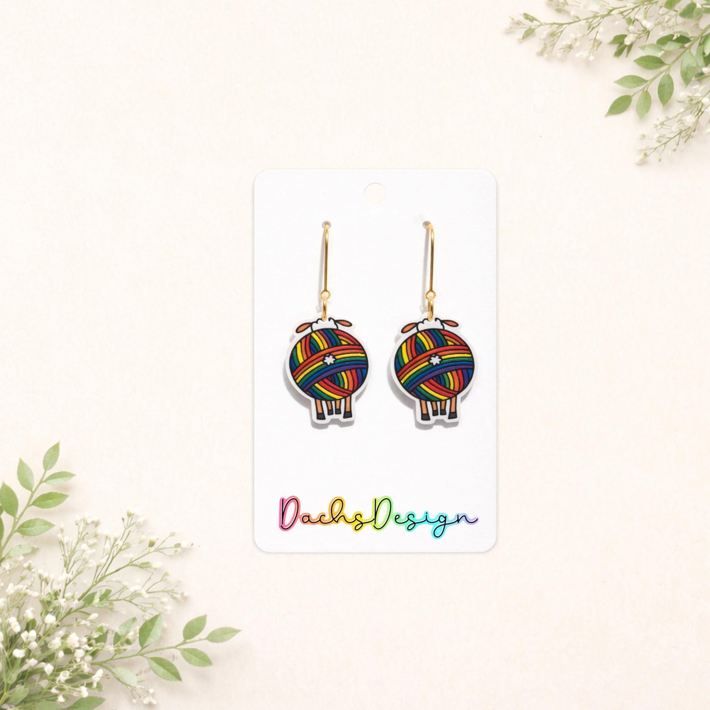 Rainbow Yarn Sheep Dangle Earrings
