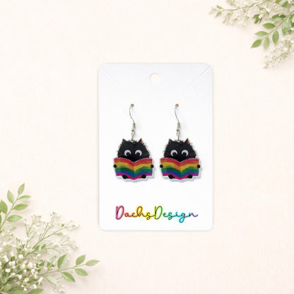 Black Cat Rainbow Book Dangle Earrings