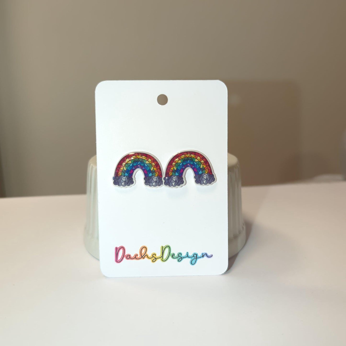 Geometric Rainbow and Grey Clouds Stud Earrings
