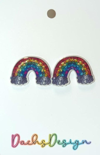 Geometric Rainbow and Grey Clouds Stud Earrings