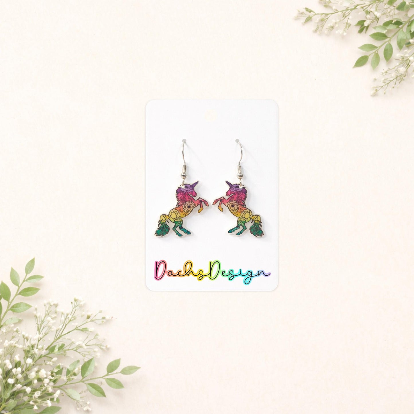 Floral Rainbow Unicorn Dangle Earrings
