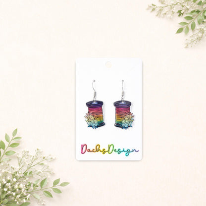Floral Rainbow Sewing Reel Dangle Earrings