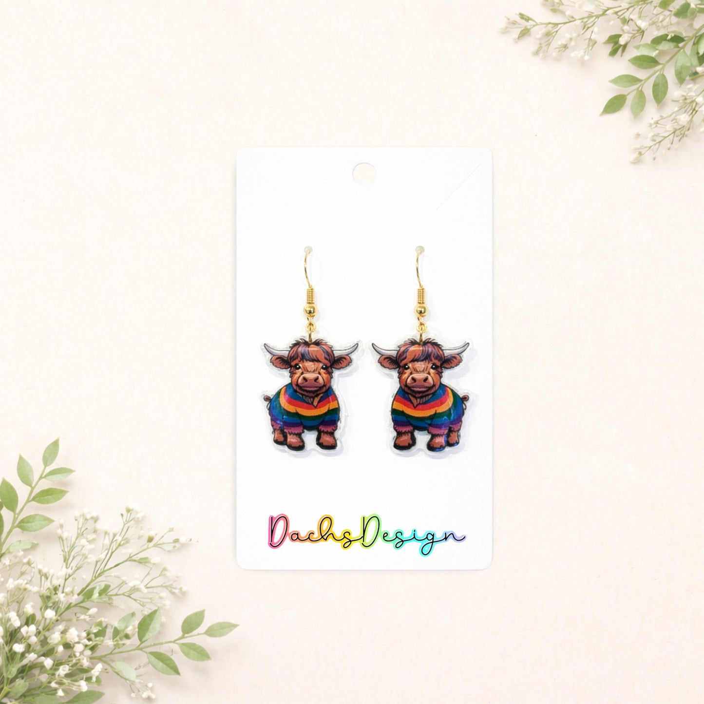Rainbow Jumper Highland Cow Dangle Earrings