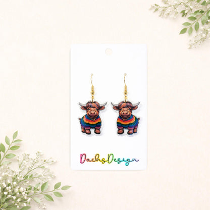Rainbow Jumper Highland Cow Dangle Earrings