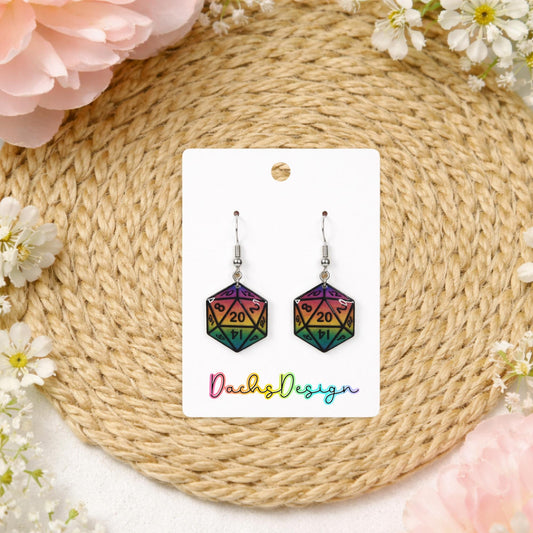 Rainbow D20 Dice Earrings