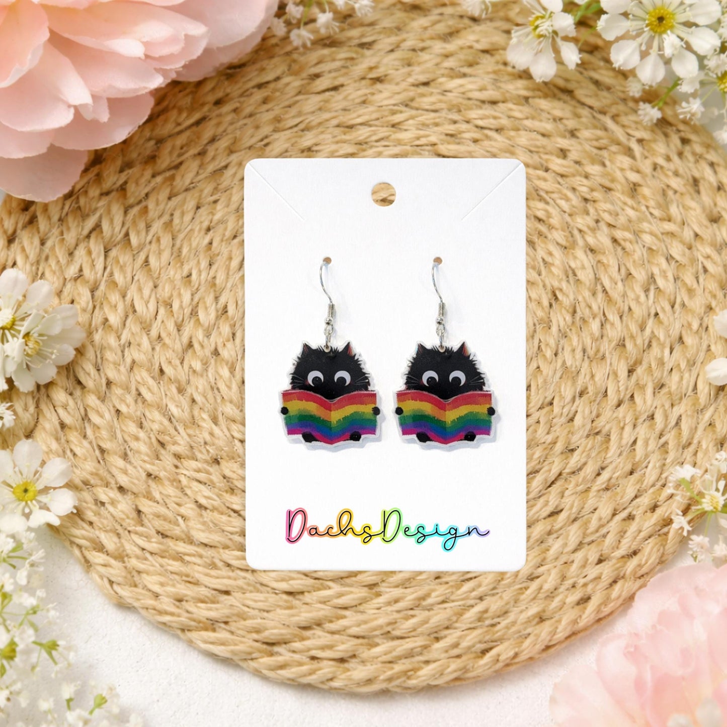 Black Cat Rainbow Book Dangle Earrings