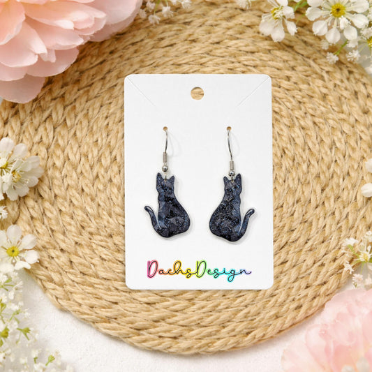 Sparkly Black Cat Dangle Earrings