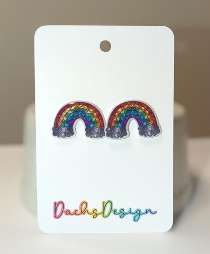 Geometric Rainbow and Grey Clouds Stud Earrings