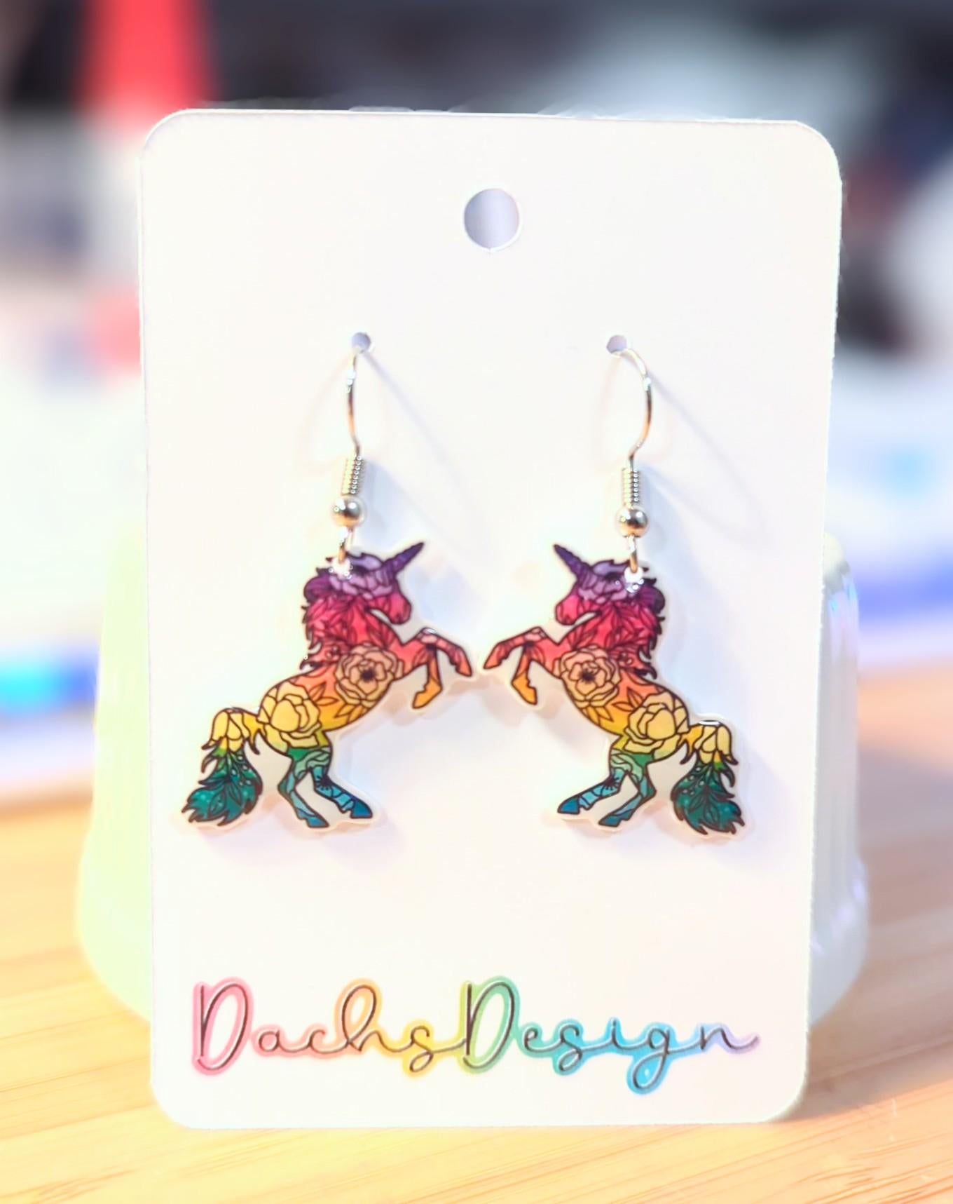 Floral Rainbow Unicorn Dangle Earrings