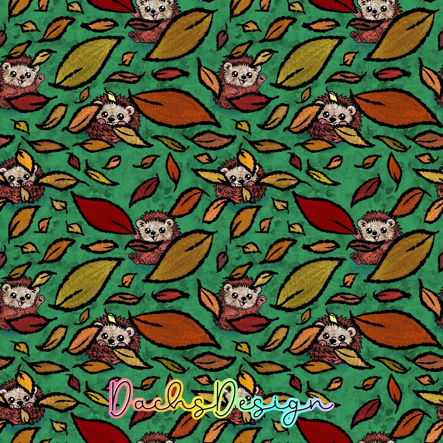 Autumn Hedgehogs on Green Seamless Pattern (Digital Download)