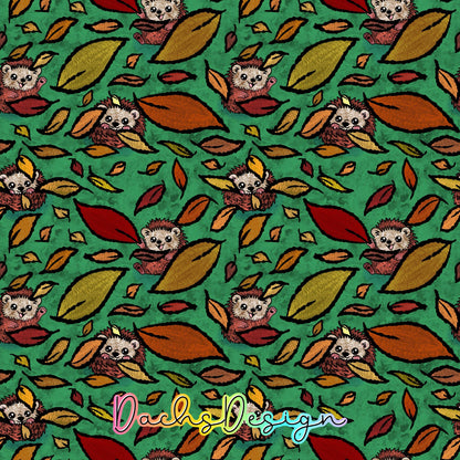 Autumn Hedgehogs on Green Seamless Pattern (Digital Download)