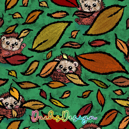 Autumn Hedgehogs on Green Seamless Pattern (Digital Download)