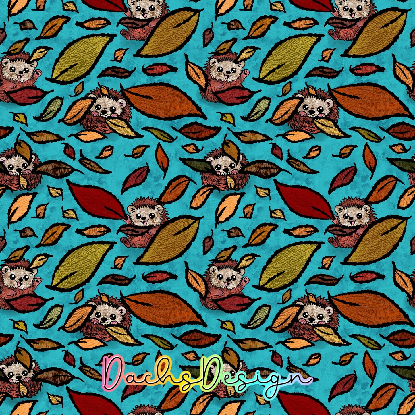 Autumn Hedgehogs on Teal Seamless Pattern (Digital Download)