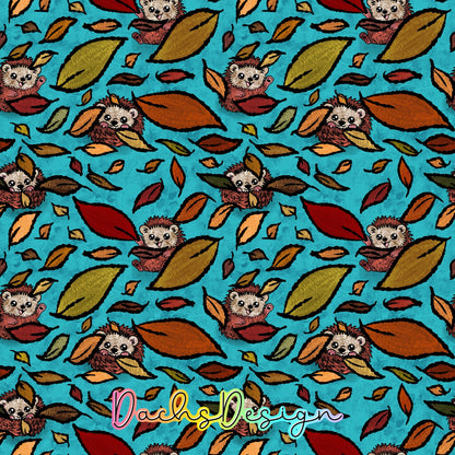 Autumn Hedgehogs on Teal Seamless Pattern (Digital Download)