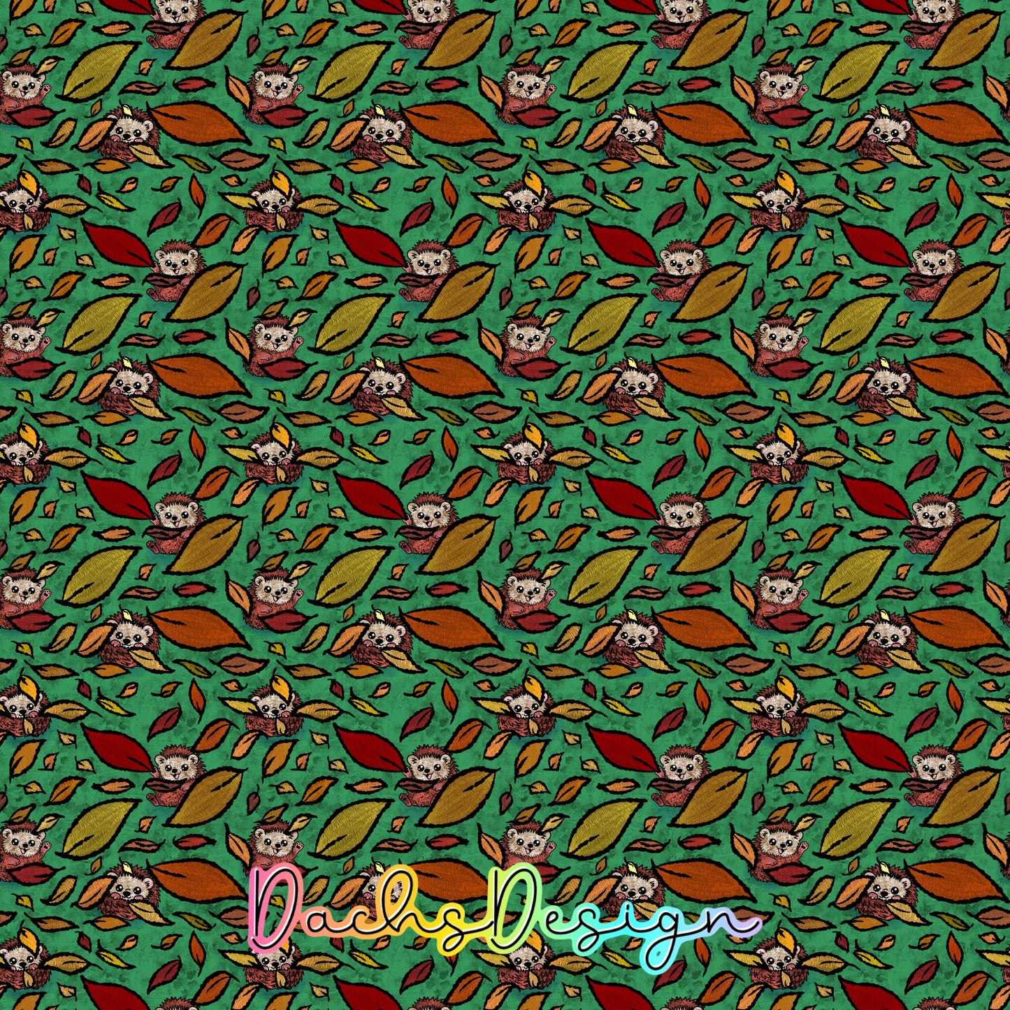 Autumn Hedgehogs on Green Seamless Pattern (Digital Download)