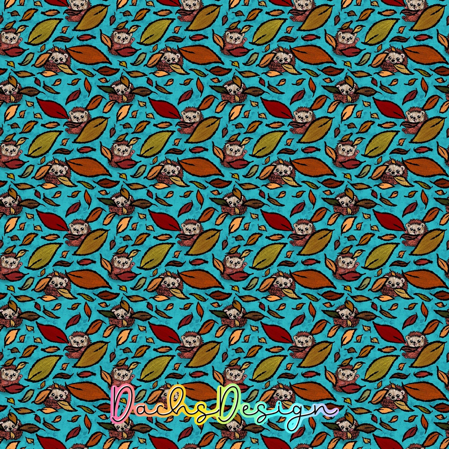 Autumn Hedgehogs on Teal Seamless Pattern (Digital Download)