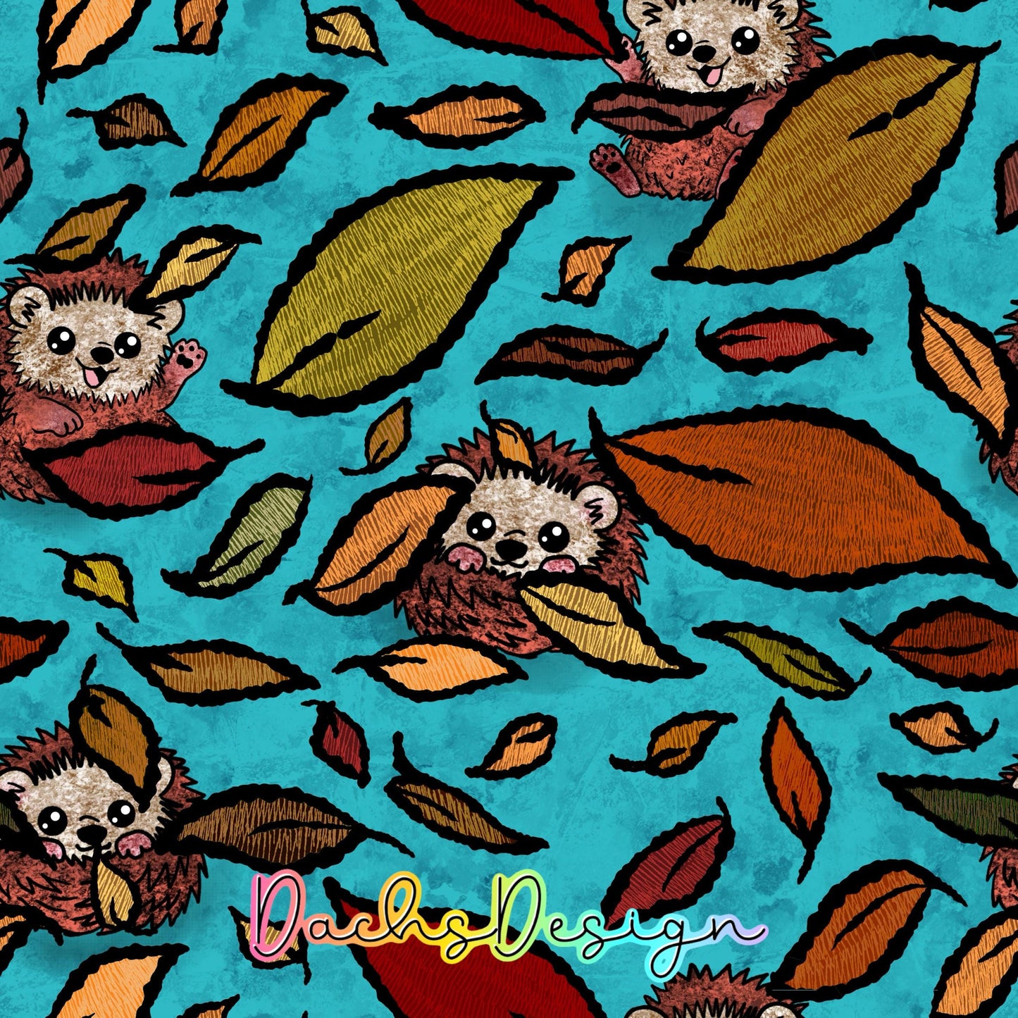 Autumn Hedgehogs on Teal Seamless Pattern (Digital Download)