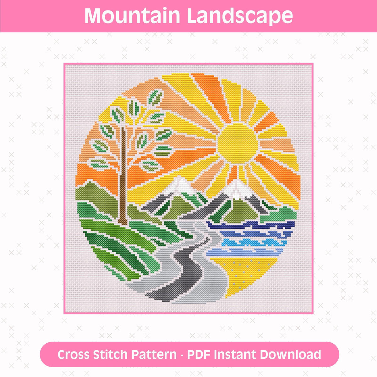 Mountain Landscape Cross Stitch Pattern: Summer Scene for 14 Count Aida PDF