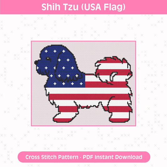 Shih Tzu Cross Stitch Pattern: USA Flag Design for 14 Count Aida PDF