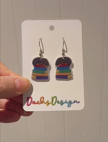 Sleeping Dachshund Puppy on Books Dangly Earrings