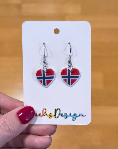 Norwegian Flag Heart Dangly Earrings