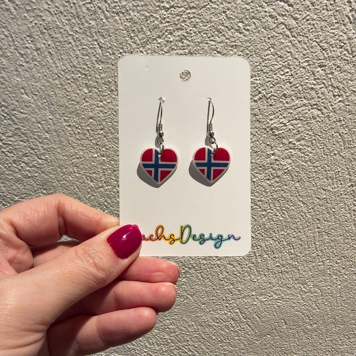 Norwegian Flag Heart Dangly Earrings