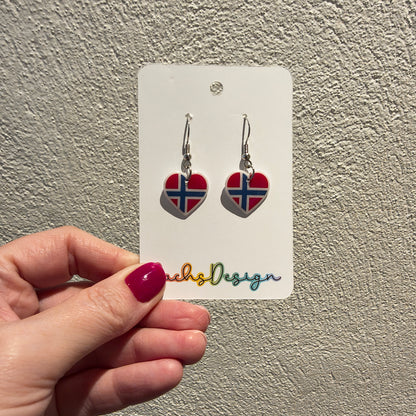Norwegian Flag Heart Dangly Earrings