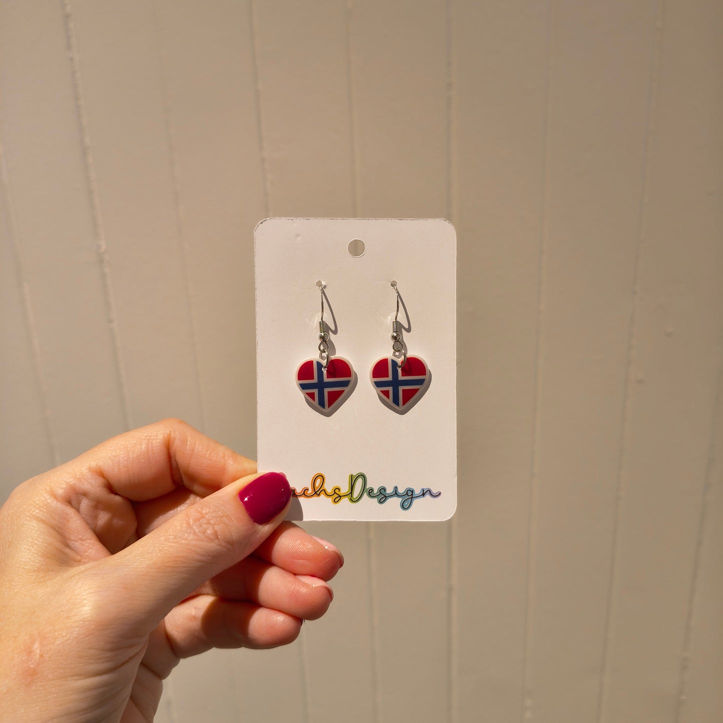Norwegian Flag Heart Dangly Earrings