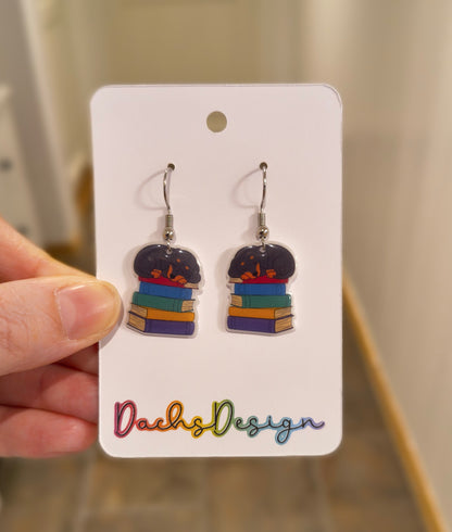 Sleeping Dachshund Puppy on Books Dangly Earrings