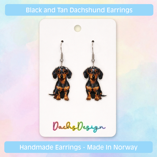 Glatt sort og tan Dachshund dangly øredobber